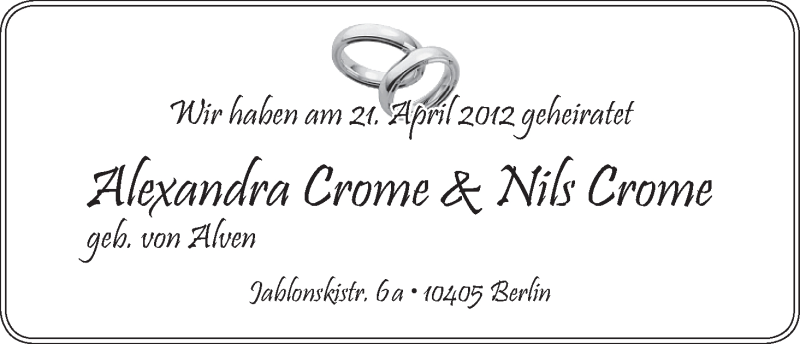 Hochzeitsanzeige von Alexandra Crome von WESER-KURIER