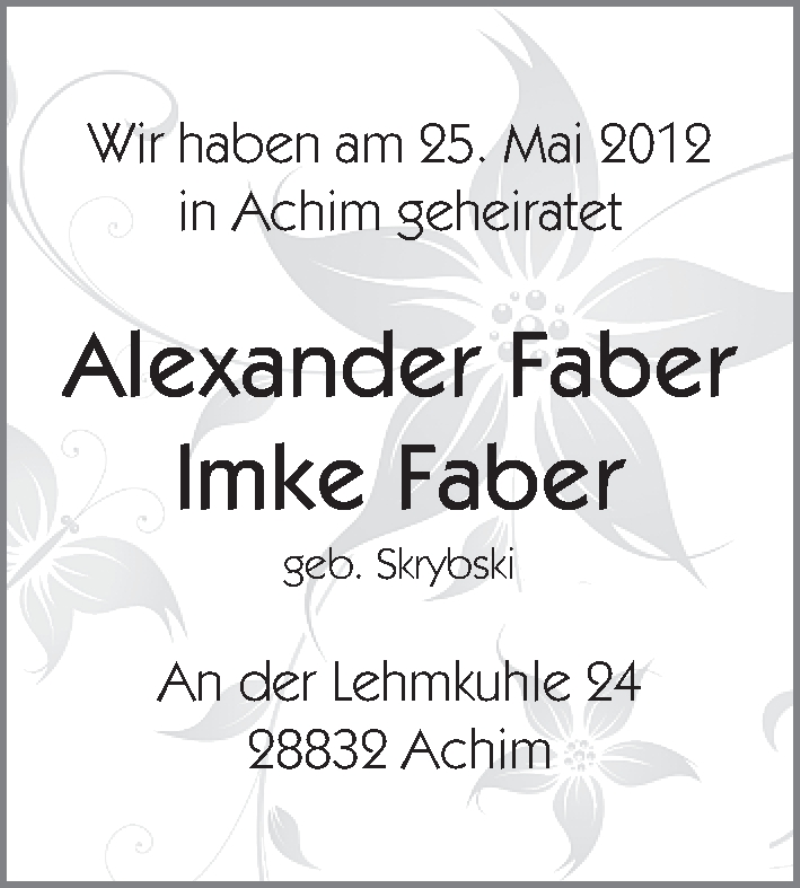 Hochzeitsanzeige von Alexander Faber von WESER-KURIER
