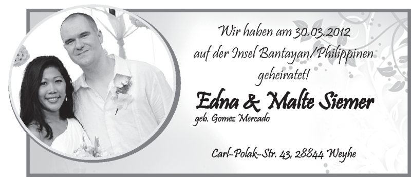 Hochzeitsanzeige von Edna Siemer von WESER-KURIER
