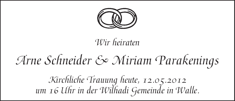 Hochzeitsanzeige von Arne Schneider von WESER-KURIER
