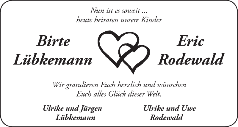 Hochzeitsanzeige von Birte Lübkemann von WESER-KURIER