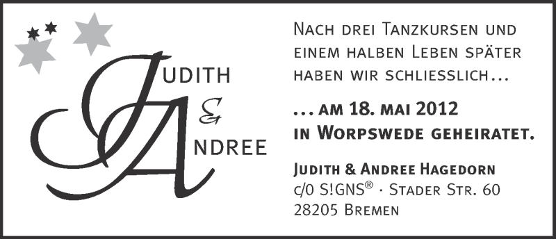 Hochzeitsanzeige von Judith Hagedorn von WESER-KURIER