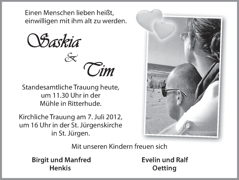 Hochzeitsanzeige von Saskia  von WESER-KURIER