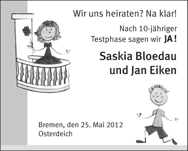 Hochzeitsanzeige von Saskia Bloedau von WESER-KURIER