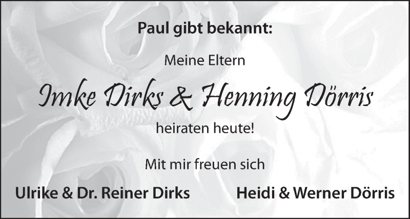 Hochzeitsanzeige von Imke Dirks von WESER-KURIER