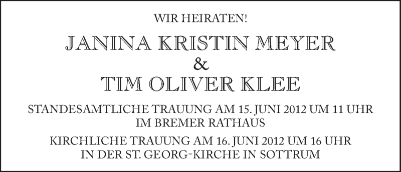 Hochzeitsanzeige von Janina Kristin Meyer von WESER-KURIER