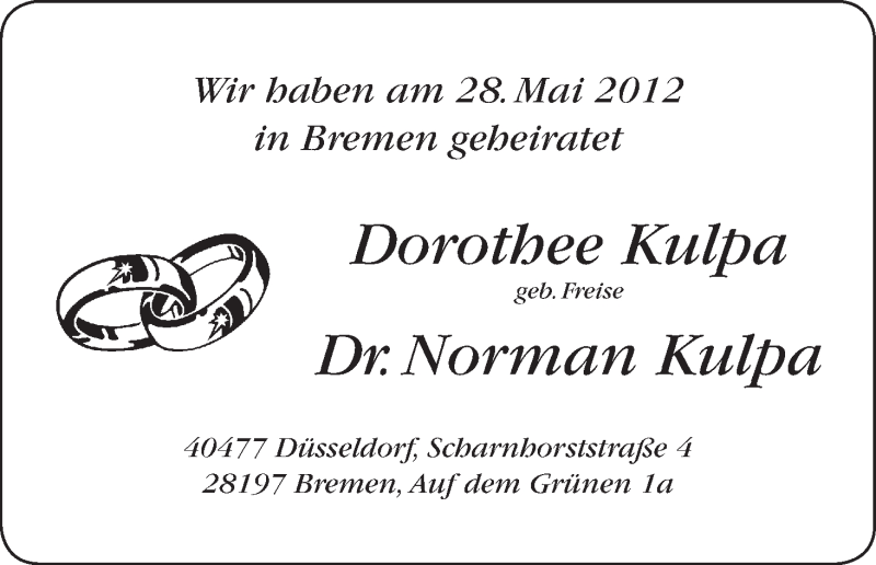 Hochzeitsanzeige von Dorothee Kulpa von WESER-KURIER