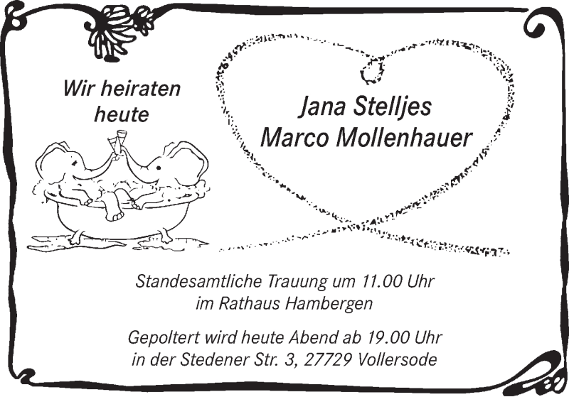 Hochzeitsanzeige von Jana Stelljes von WESER-KURIER
