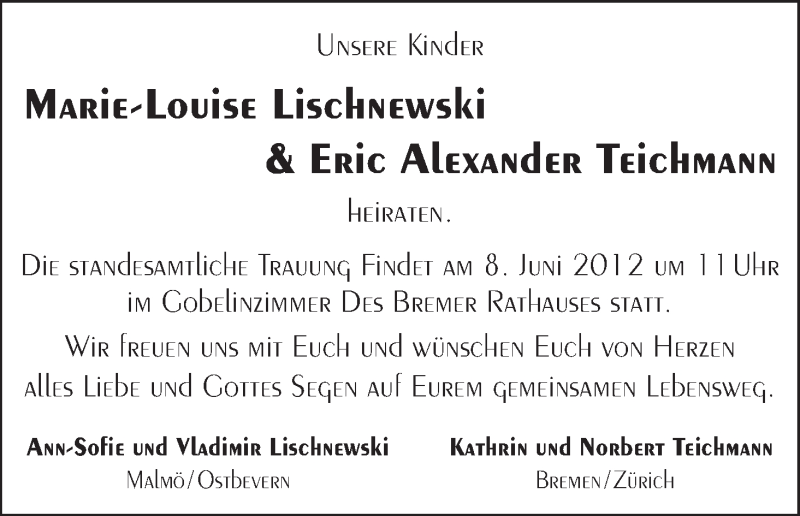 Hochzeitsanzeige von Marie-Louise Lischnewski von WESER-KURIER