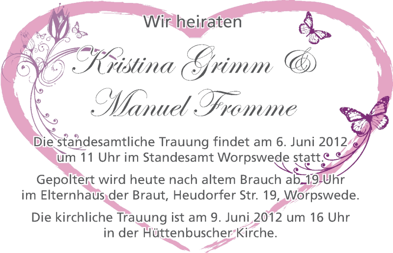 Hochzeitsanzeige von Kristina Grimm von WESER-KURIER