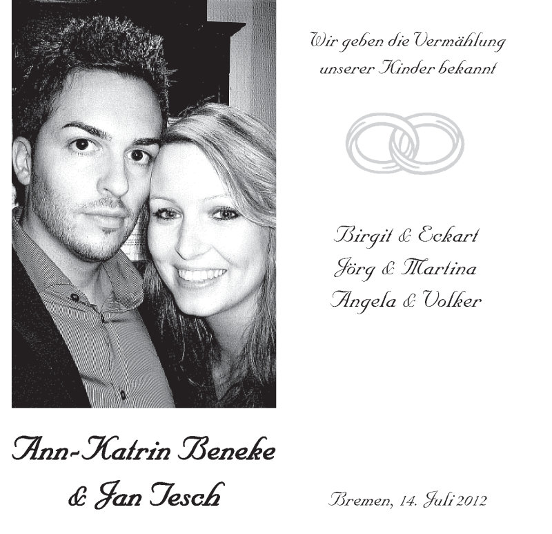 Hochzeitsanzeige von Ann-Katrin Beneke von WESER-KURIER
