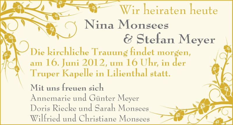 Hochzeitsanzeige von Nina Monsees von WESER-KURIER