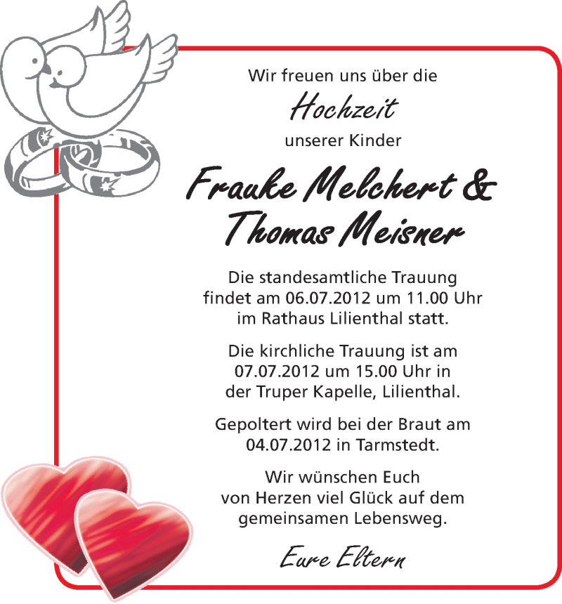 Hochzeitsanzeige von Frauke Melchert von WESER-KURIER
