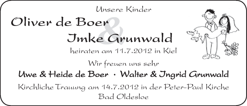 Hochzeitsanzeige von Oliver de Boer von WESER-KURIER