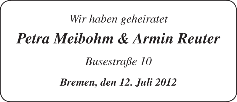 Anzeige für Petra Meibohm vom 14.07.2012 aus WESER-KURIER