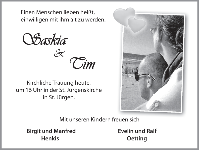 Hochzeitsanzeige von Saskia  von WESER-KURIER