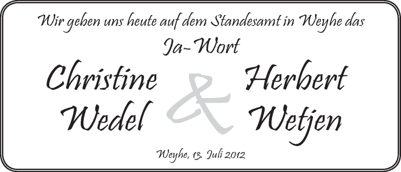 Hochzeitsanzeige von Christine Wedel von WESER-KURIER