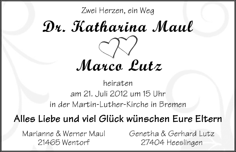 Hochzeitsanzeige von Katharina Maul von WESER-KURIER