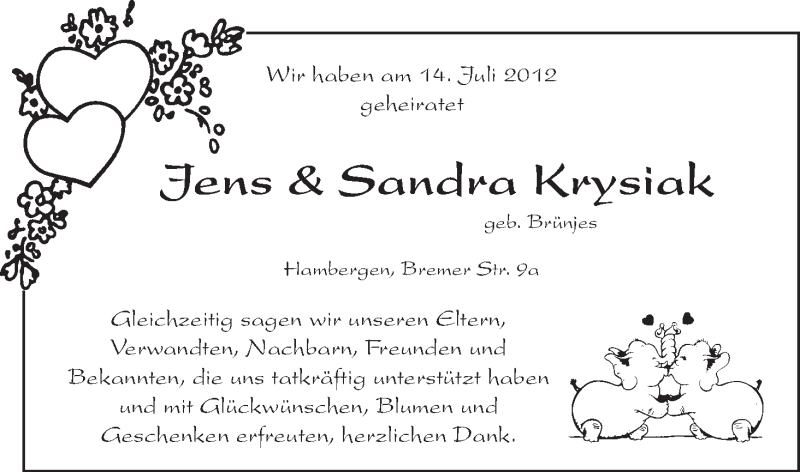 Hochzeitsanzeige von Jens Krysiak von WESER-KURIER