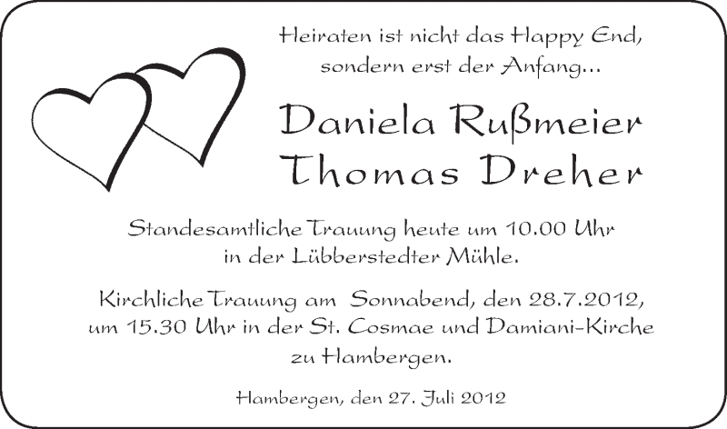 Hochzeitsanzeige von Daniela Rußmeier von WESER-KURIER