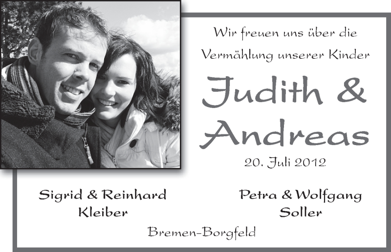 Hochzeitsanzeige von Judith  von WESER-KURIER