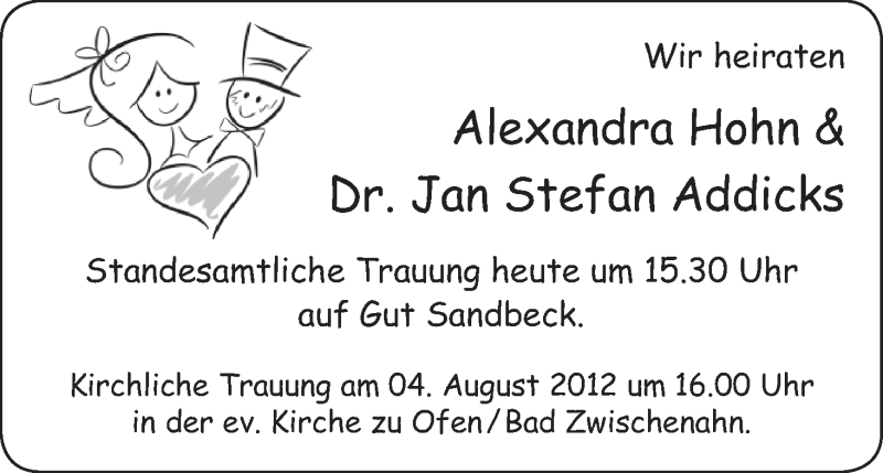 Hochzeitsanzeige von Alexandra Hohn von WESER-KURIER