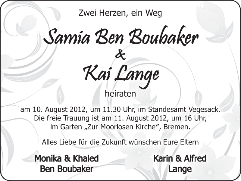 Hochzeitsanzeige von Samia Ben Boubaker von WESER-KURIER