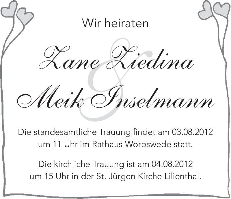 Hochzeitsanzeige von Zane Ziedina von WESER-KURIER