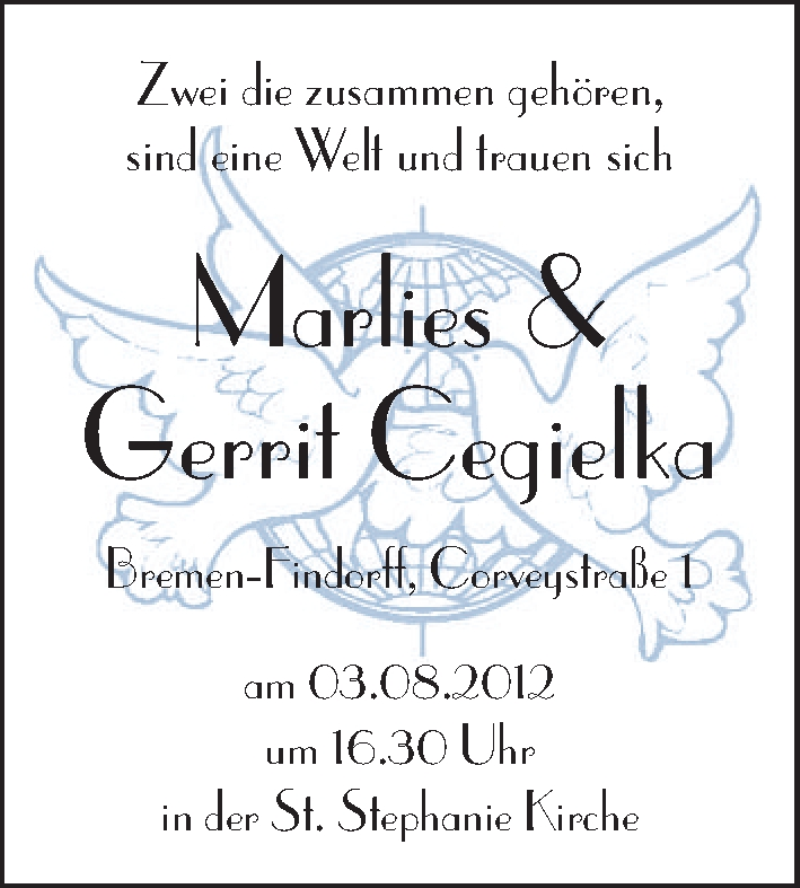 Hochzeitsanzeige von Marlies Cegielka von WESER-KURIER