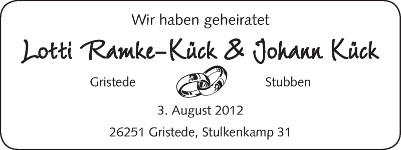 Hochzeitsanzeige von Lotti Ramke-Kück von WESER-KURIER