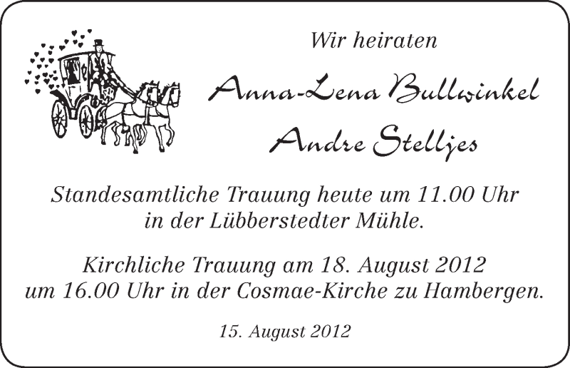 Hochzeitsanzeige von Anna-Lena Bullwinkel von WESER-KURIER