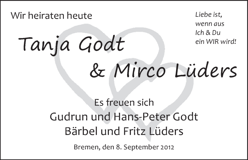 Hochzeitsanzeige von Mirco Lüders von WESER-KURIER