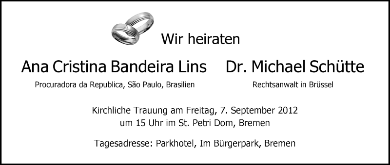 Hochzeitsanzeige von Ana Cristina  Bandeira Lins von WESER-KURIER