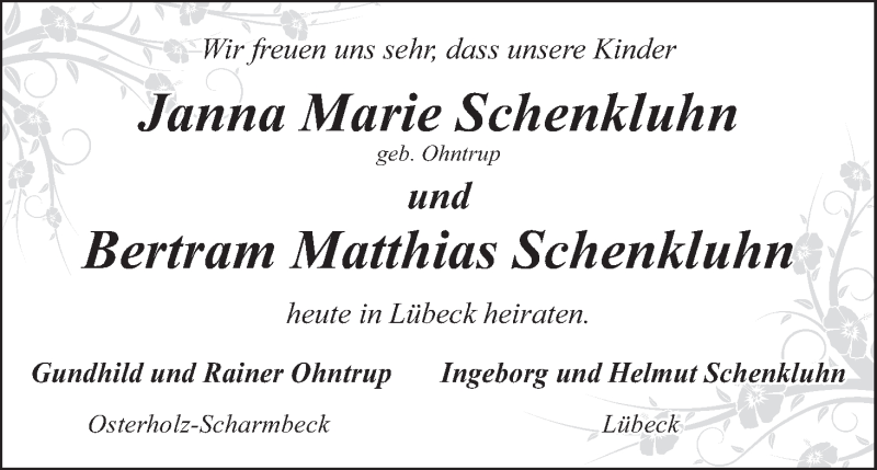 Hochzeitsanzeige von Janna Marie Schenkluhn von WESER-KURIER