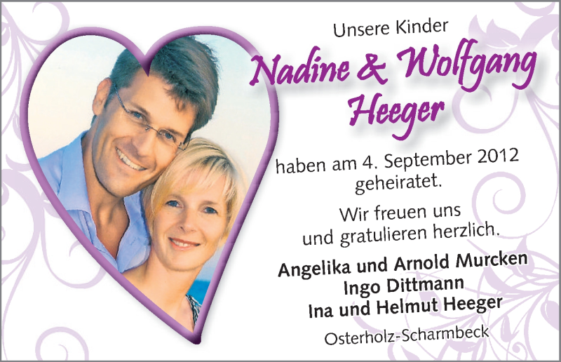 Hochzeitsanzeige von Nadine Heeger von WESER-KURIER