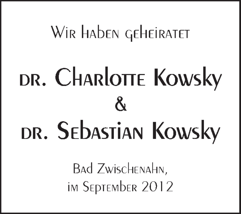 Hochzeitsanzeige von Charlotte Kowsky von WESER-KURIER