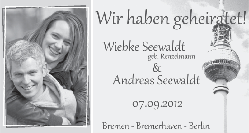 Hochzeitsanzeige von Wiebke Seewald von WESER-KURIER