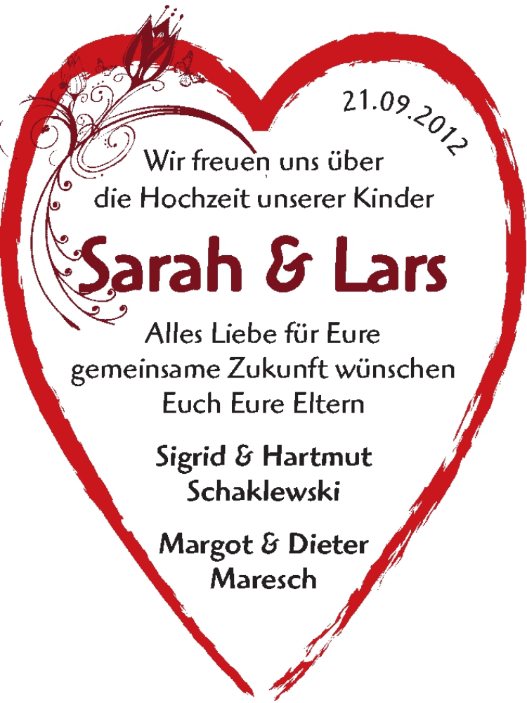 Hochzeitsanzeige von Sarah  von WESER-KURIER