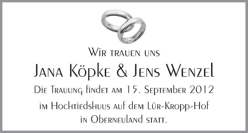 Hochzeitsanzeige von Jana Köpke von WESER-KURIER