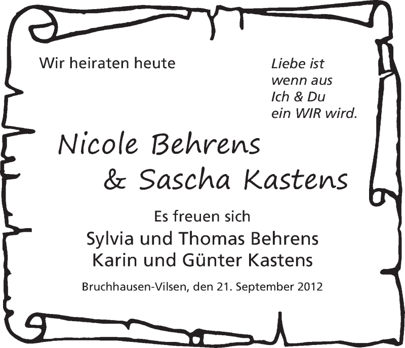Hochzeitsanzeige von Nicole, Behrens von WESER-KURIER