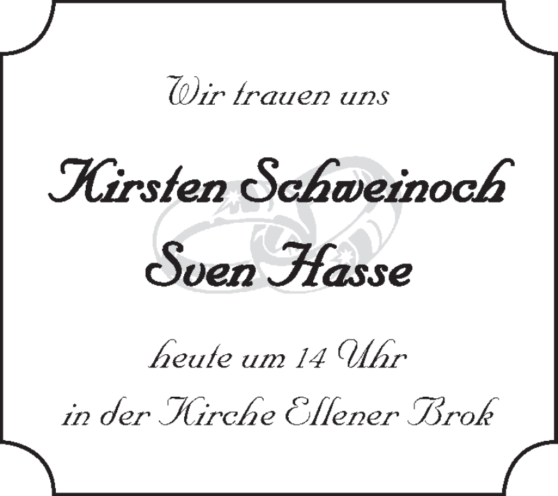 Hochzeitsanzeige von Kirsten Schweinoch  von WESER-KURIER