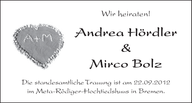 Hochzeitsanzeige von Andrea Hördler von WESER-KURIER