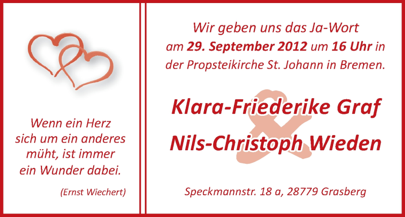 Hochzeitsanzeige von Klara-Friederike Graf von WESER-KURIER