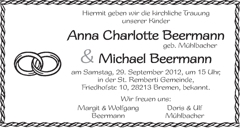 Hochzeitsanzeige von Anna Charlotte Beermann von WESER-KURIER