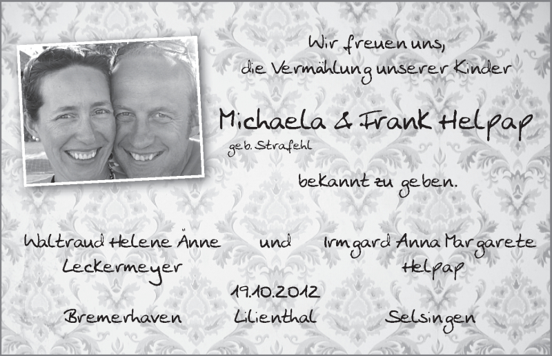 Hochzeitsanzeige von Michaela Helpap von WESER-KURIER