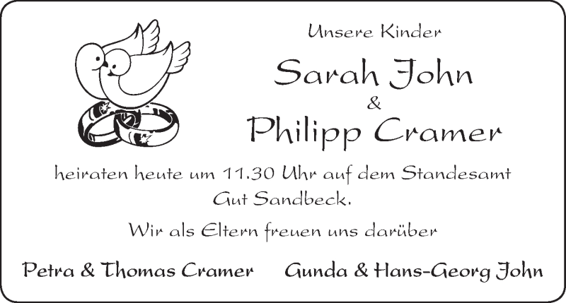 Hochzeitsanzeige von Sarah John von WESER-KURIER