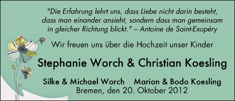 Hochzeitsanzeige von Stephanie Worch von WESER-KURIER