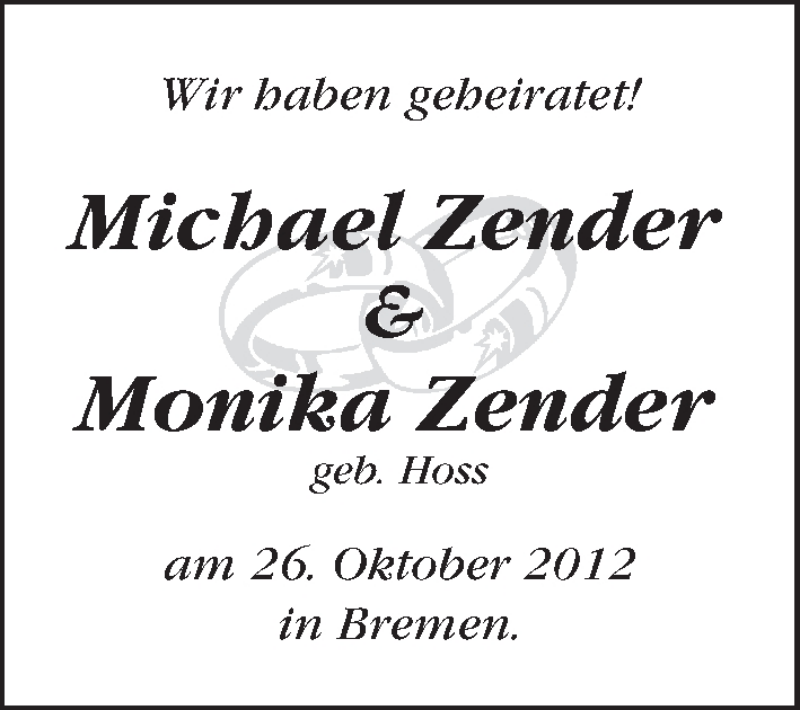 Hochzeitsanzeige von Michael Zender von WESER-KURIER