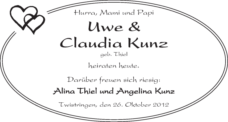 Hochzeitsanzeige von Claudia Kunz von WESER-KURIER