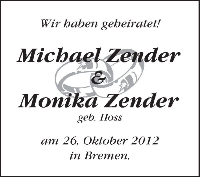 Hochzeitsanzeige von Michael Zender von WESER-KURIER